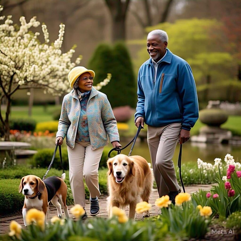 Family enjoying life walking dog.