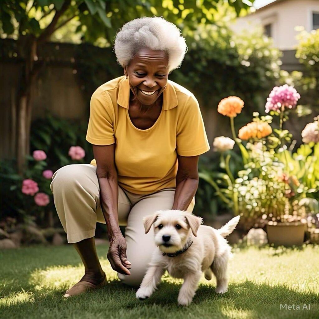 Lady with puppy in beautiful garden with roses.